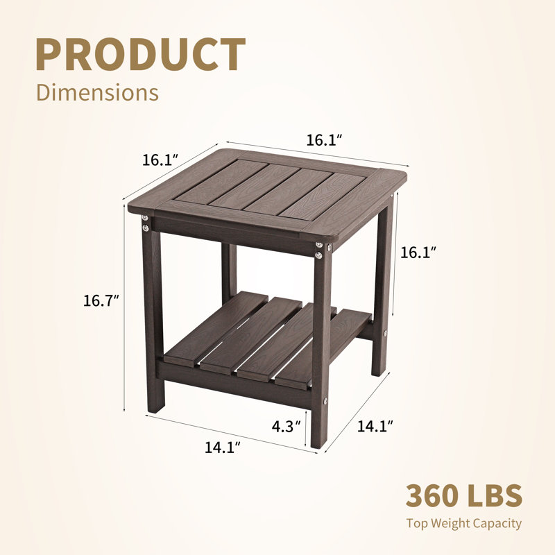 16inch Hdpe Adirondack Square Side Table, Weather Resistant End Table With Storage Shelf, Brown
