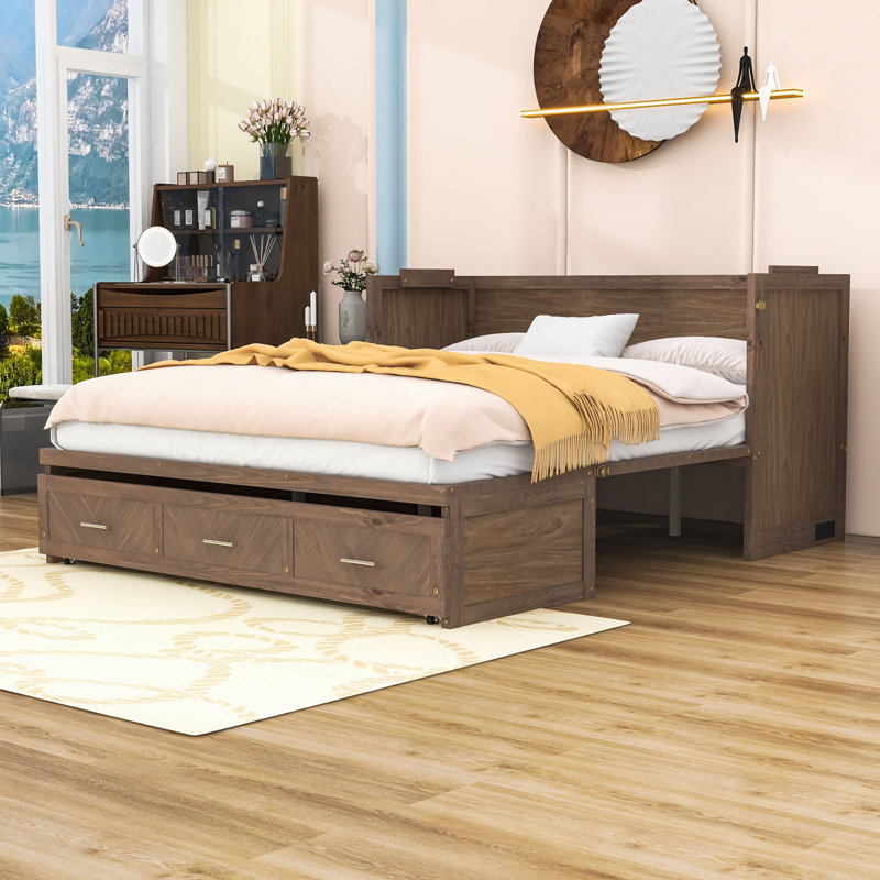 Grand lit escamotable en bois avec station de charge intégrée et tiroirs de rangement, Noyer clair