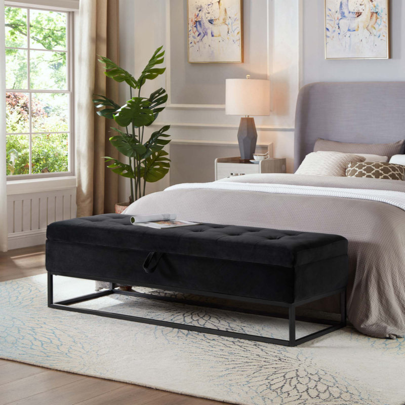 Banc de lit avec base en métal et velours de rangement, Noir