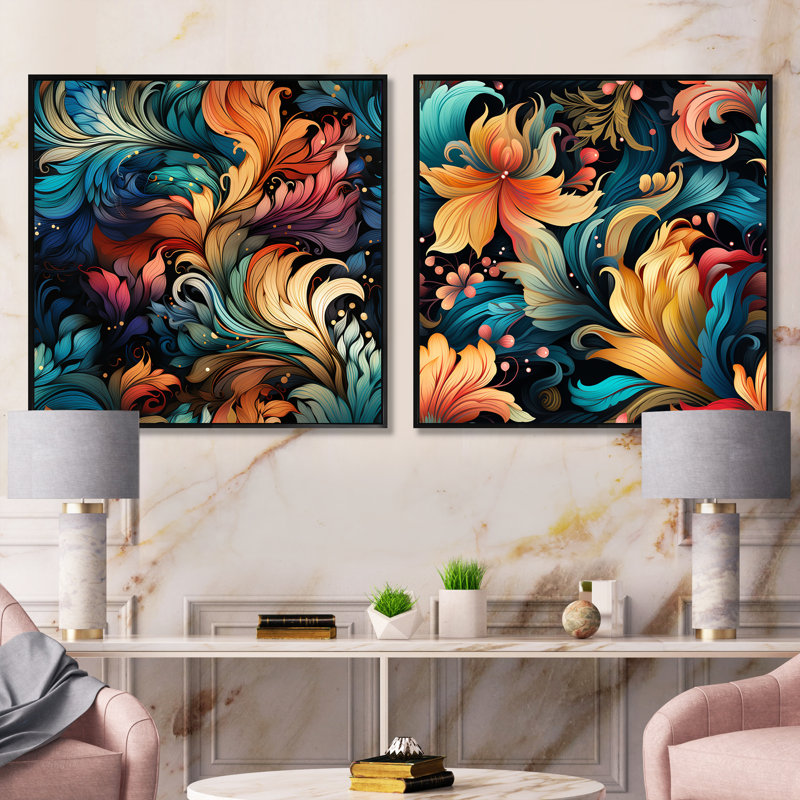 Wickham - Ensemble de 2 collages floraux et botaniques carrés, Cadre flottant noir, H 16 po x l 33 po