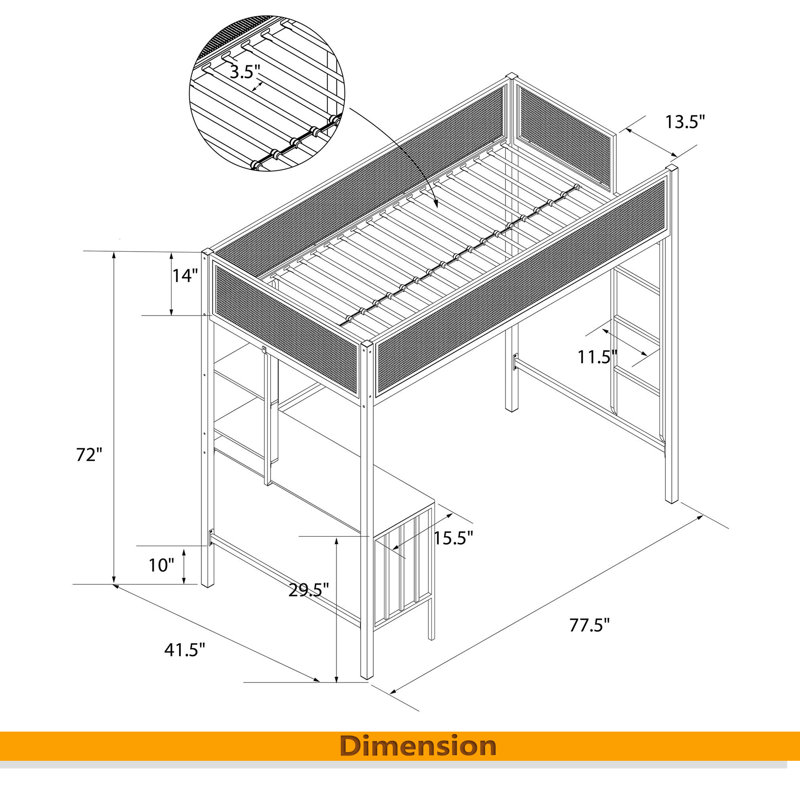 Lit mezzanine avec bureau et tablettes, Lit simple