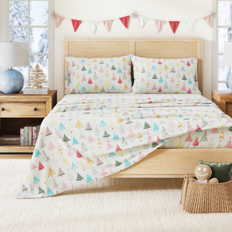 Ensemble de draps 100% flanelle de coton, Double avec 2 taies d'oreiller, Snowy Botanical