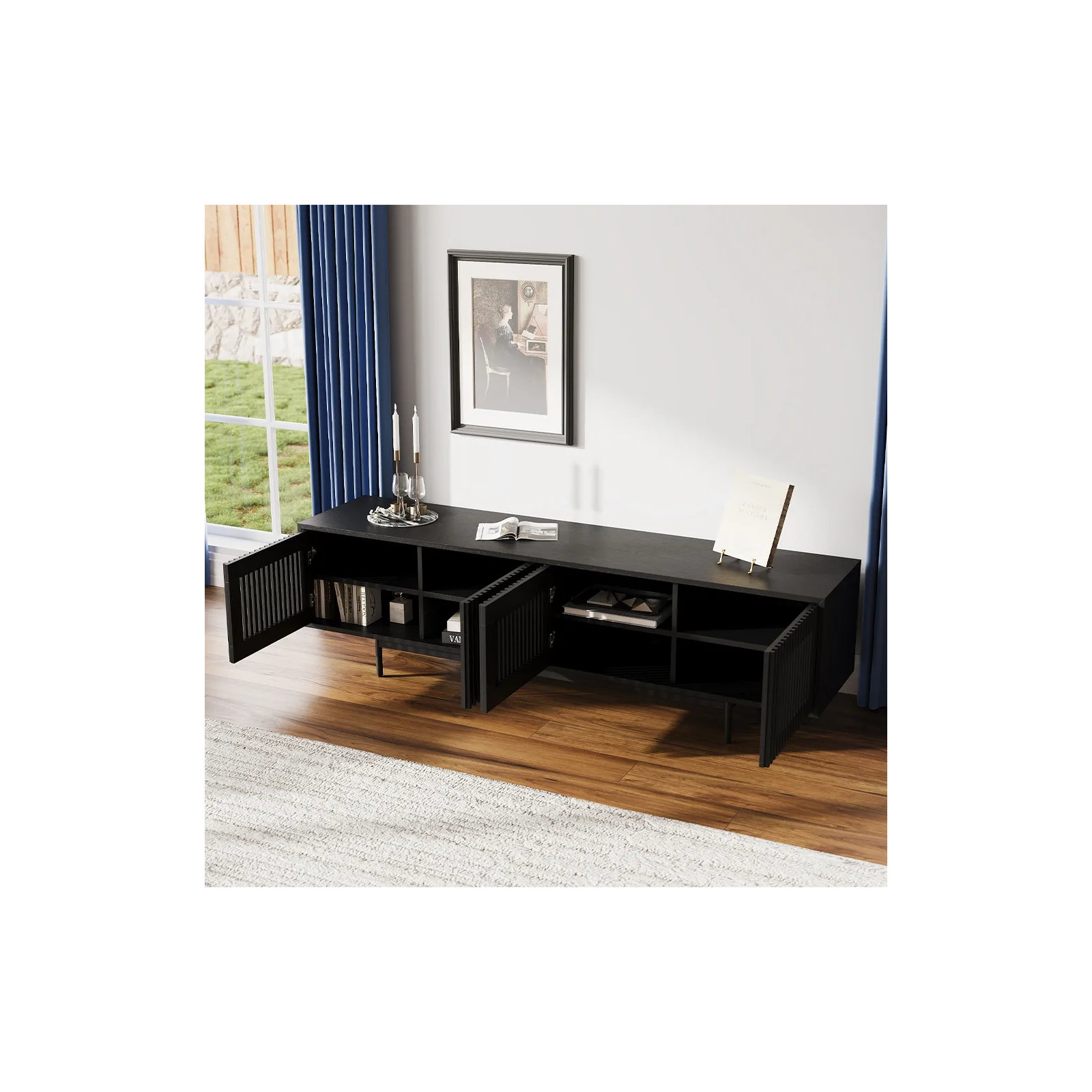 Daila Media Console, Black, 21.26" H x 78.74" W x 18.89" D