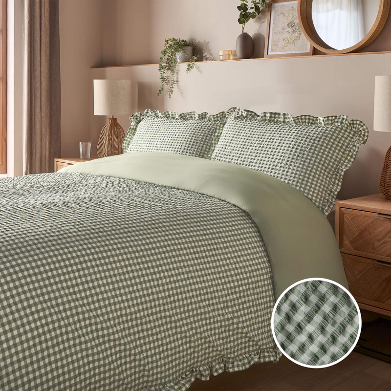 Silentnight Supersoft Sage Gingham Ruffle Duvet Set, Kingsize Duvet Cover Set