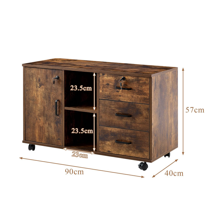 Lakell 90cm Wide 3 -Drawer Mobile File Cabinet, Brown