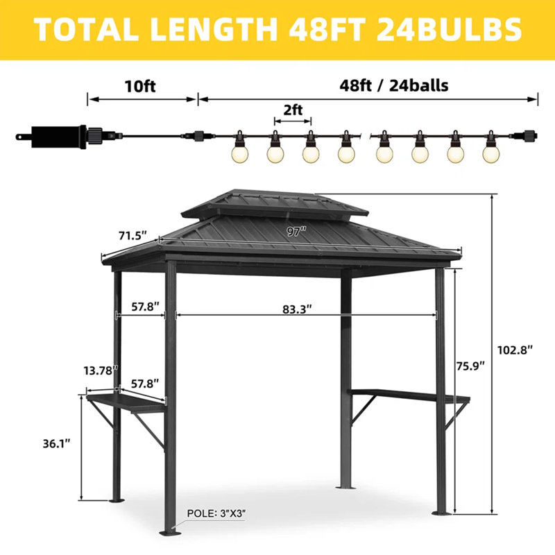 Aluminum Hardtop Grill Gazebo with Lighted, Gray, 6' x 8'