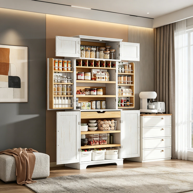 Armoire de cuisine Farmhouse avec 8 portes, armoire de rangement avec 4 tablettes réglables, tiroir caché, support à vin, armoire polyvalente pour la cuisine, la salle à manger et la salle de bain