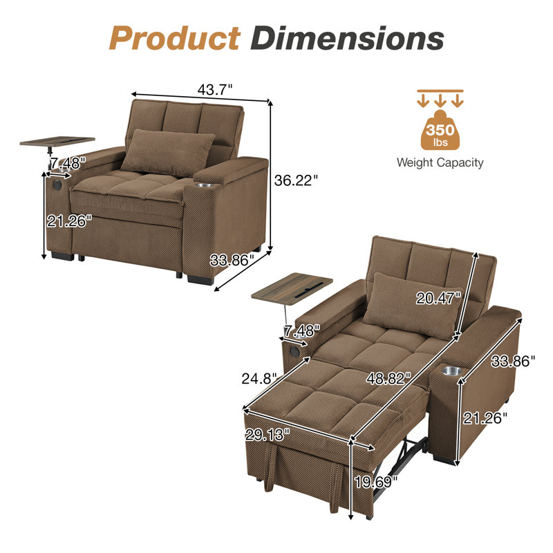 Chaise Lounge Chair Convertible Single Sleeper Chair with USB&Type-C, 2 Cup Holders, Side Table, Under-seat Storage&Storage Armrests