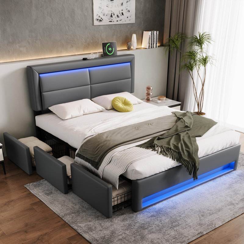 Demerick Upholstered Leather Drawers and Lift Up Storage Ottoman Bed, Double (140 x 190 cm), Grey