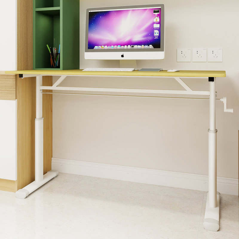 Bureau réglable en hauteur à la main pour et pour adultes, bureau personnel multifonctionnel, conception simple, pieds blancs, bureau de couleur bois, structure à double colonne compacte avec bureau, support de table conçu