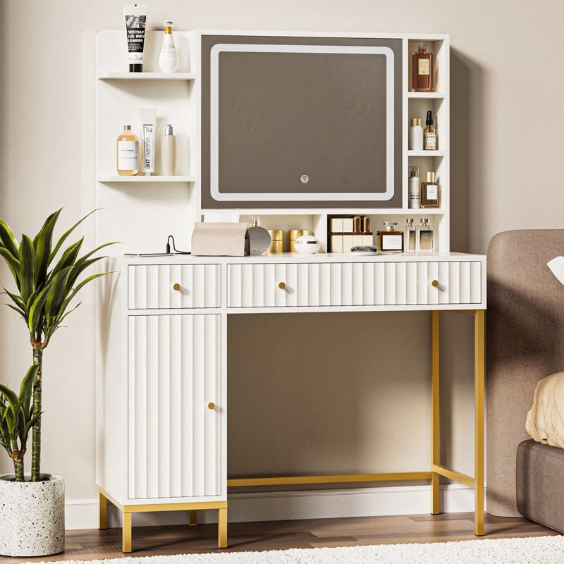 Coiffeuse de maquillage avec lumières, bureau de coiffeuse avec miroir et prise de courant