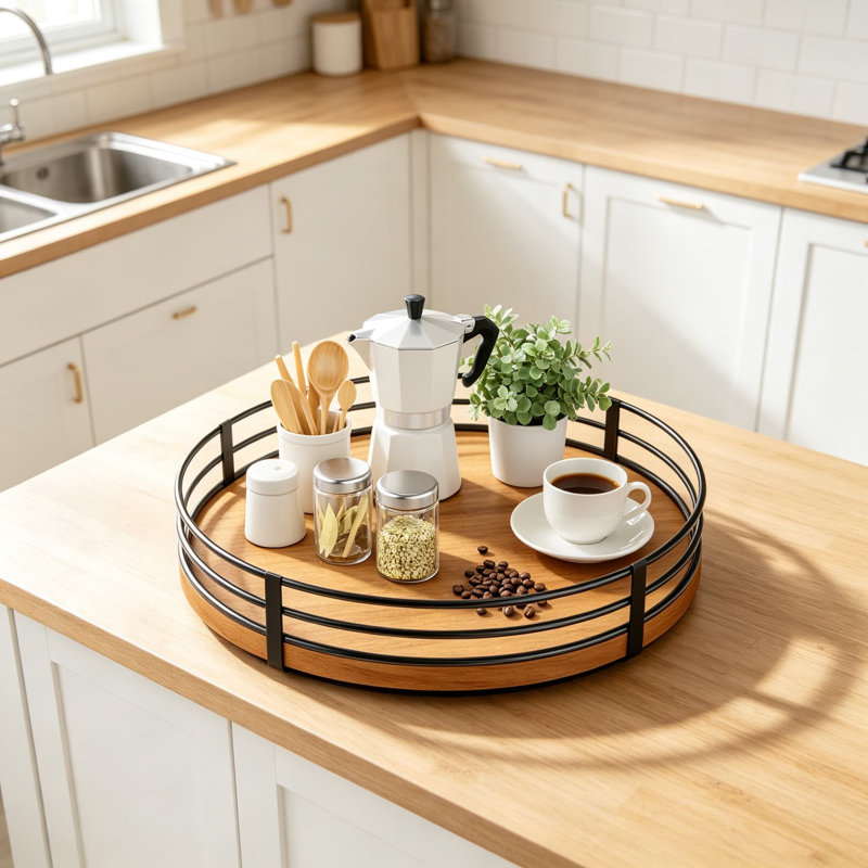 Organisateur de plateau tournant 13 pouces Lazy Susan, plateau rotatif rond en bois de chêne massif avec structure en maille de fer, rangement pivotant à 360 degrés pour l'armoire de cuisine
