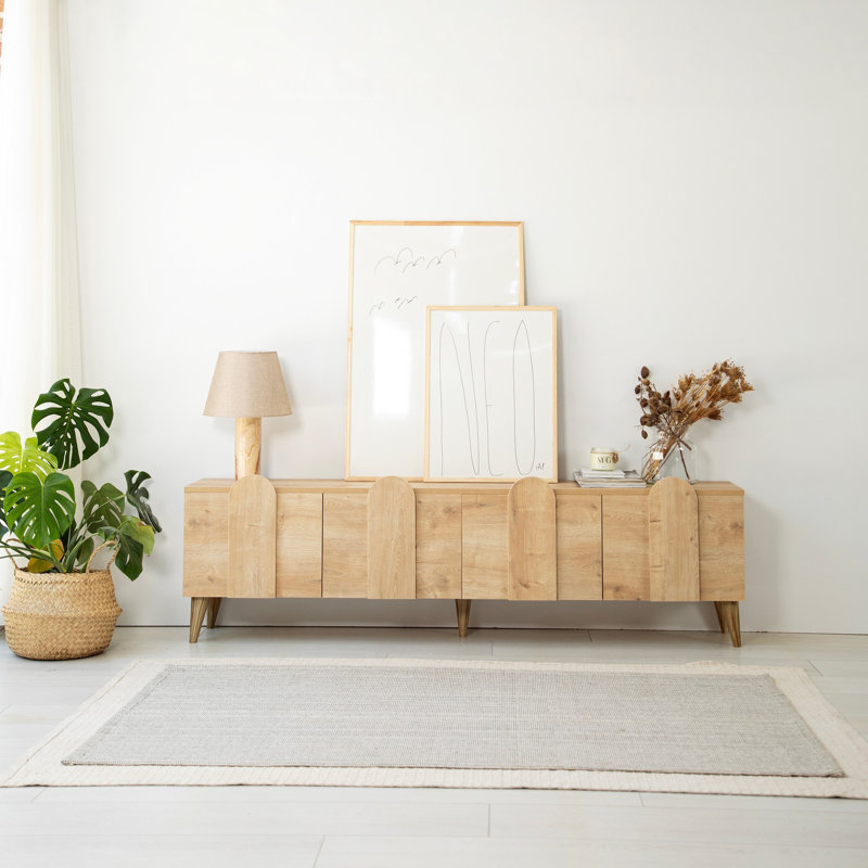 Meuble télé 70,9 po x 19,7 po x 13,8 po Modern Oak | Panneau de particules 100% mélaminé, épaisseur: 0,7 pouce | Design scandinave avec bandes de chant en PVC, démonté pour un assemblage facile | Mobilier de salon élégant et fonctionnel