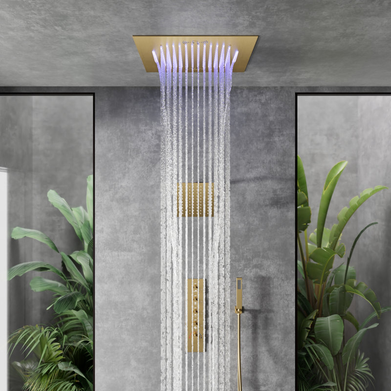 Music Thermostatic Shower Faucet,Dual 20" Showerheads System with LED Mood Lighting, Brushed Gold
