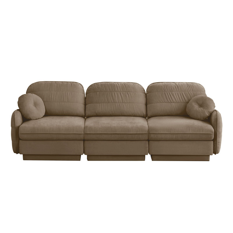 Canapé modulaire rembourré en chenille de 105 po avec 2 coussins ronds et une base encastrée, Café clair