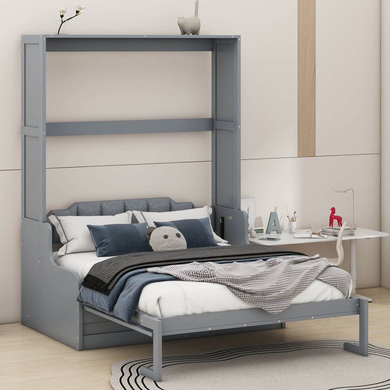 Queen Size Murphy Bed With Cushion, Grey
