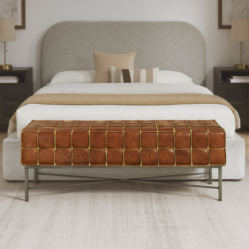 Laryn 50" W Tufted Genuine Leather Bench with Iron Frame, Cognac