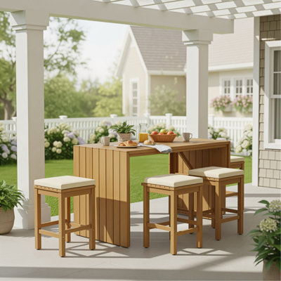Ensemble de bar d'extérieur 5 pièces, table de bar en bois d'acacia et quatre tabourets avec coussins, ensemble de bar de salle à manger en bois pour la cour, le bord de la piscine, le balcon, beige