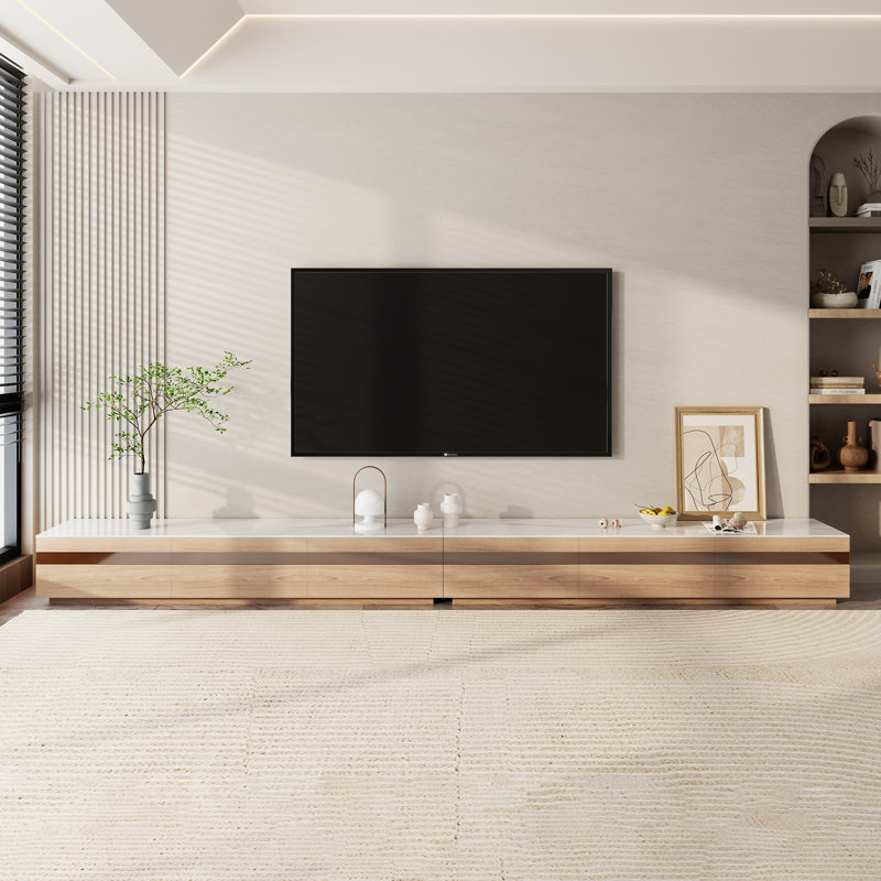Modern Light Wood TV Stands, Stone Table-top, 3-6 Drawers, Fully Assembled, 12" H x 141.7" W x 15.7" D