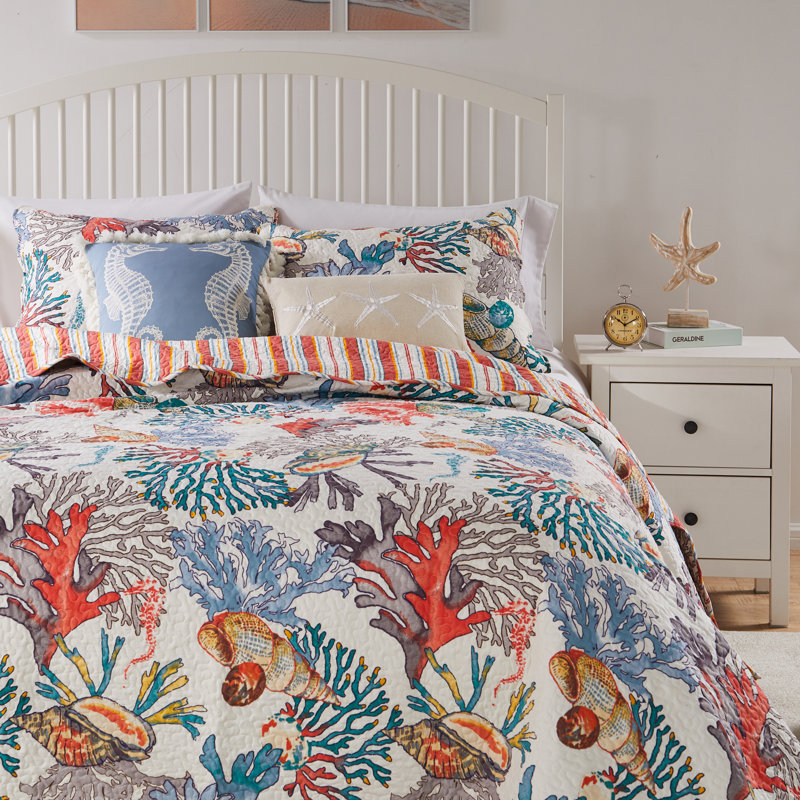 King Size Reversible Nautical Microfiber Quilt Set in Brown and Jade