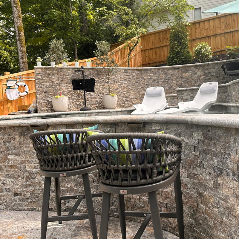  Outdoor Wicker 29" Bar Stools Set Of 2, Boho Patio Bar Height Chair With Cushion, Smoke Gray
