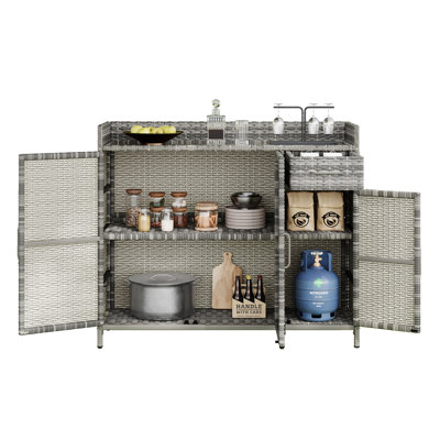 Wicker Outdoor Storage Cabinet With Tempered Glass Desktop