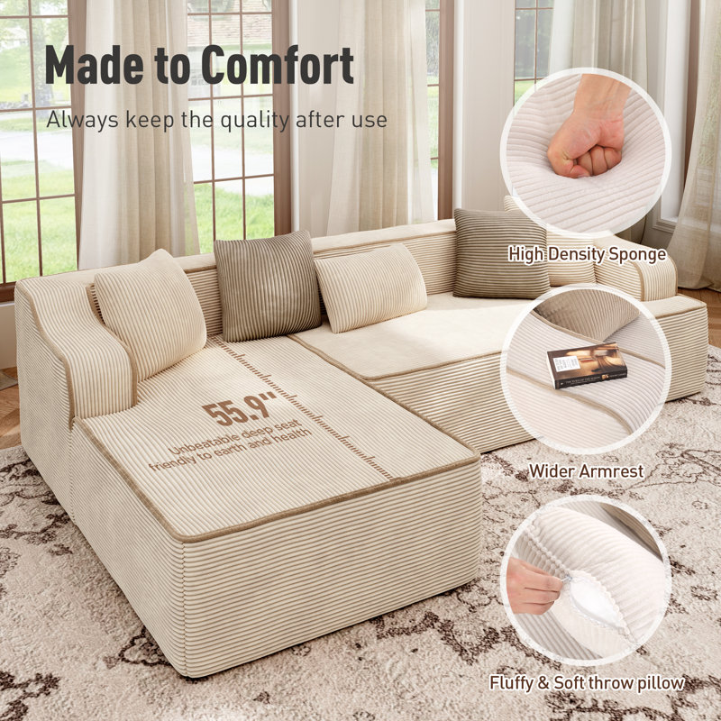 Modern 104" Grey Padded Plush Corduroy Cloud Sectional Sofa With L-shaped Chaise And Deep Seating, No Assembly Required, For Living Room Office Apartment