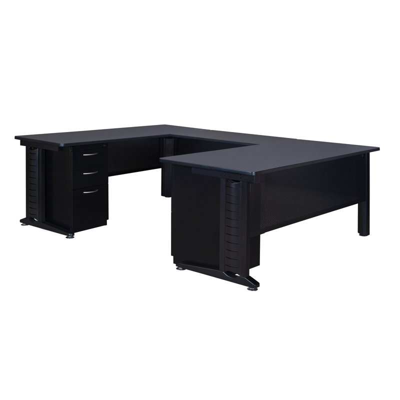 Bureau en U avec tiroir à double caisson Nevjana Fusion, Gris
