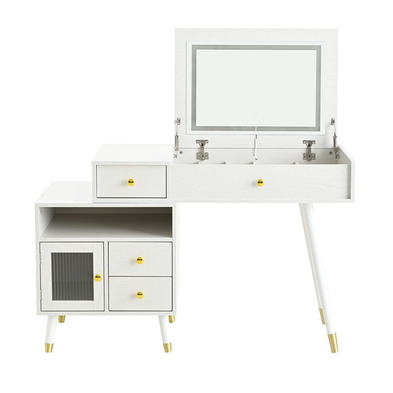 Bureau de coiffeuse 3-en-1 avec miroir basculant éclairé et armoire réglable