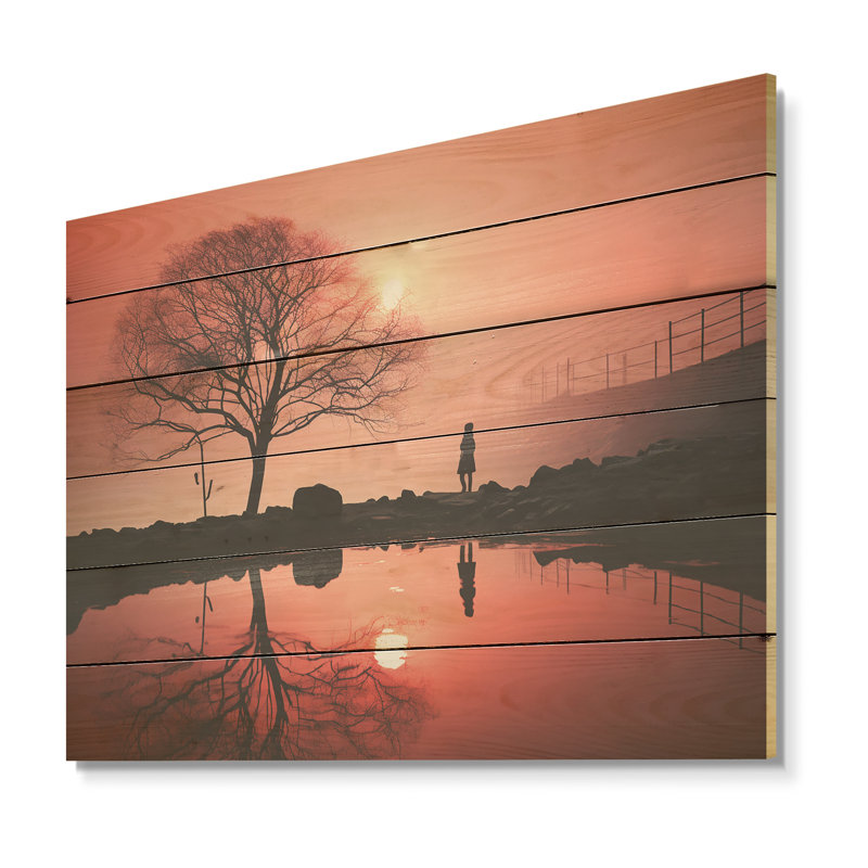 Silent Raspberry Tree Reverie Landscape - Tree Wood Wall Art On Natural Pine Wood, 10" H x 20" W