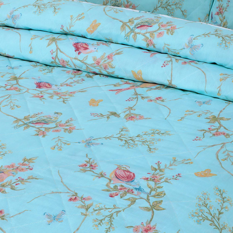Berenices Birds Floral Duck Egg Bedspreads Set Quilted Bedspread sets with Bed Comforter Pillowsham, 180 x 250 cm