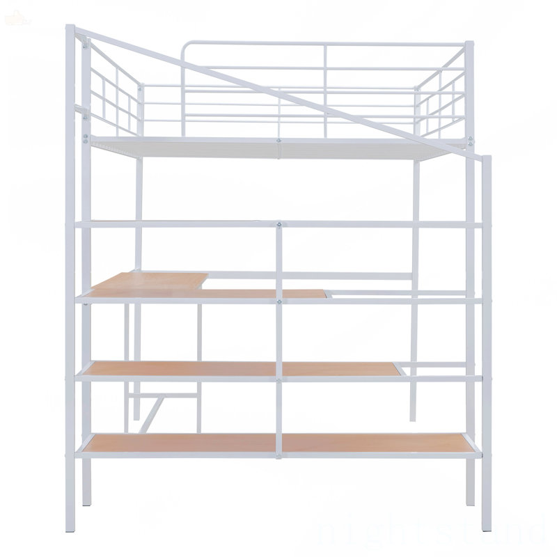 Lit mezzanine double en métal avec bureau et échelle de rangement latérale, Blanc