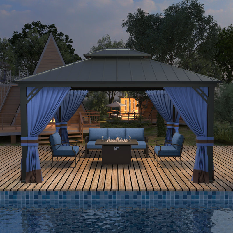 Ensemble de conversation d'extérieur en aluminium pour patio 4 pièces avec abri de jardin 12 x 14 pi et table de foyer LP