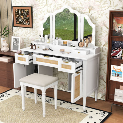 Makeup Vanity Desk with Tri-Fold Mirror, LED Bulbs, Cabinets, Charging Station and Stool