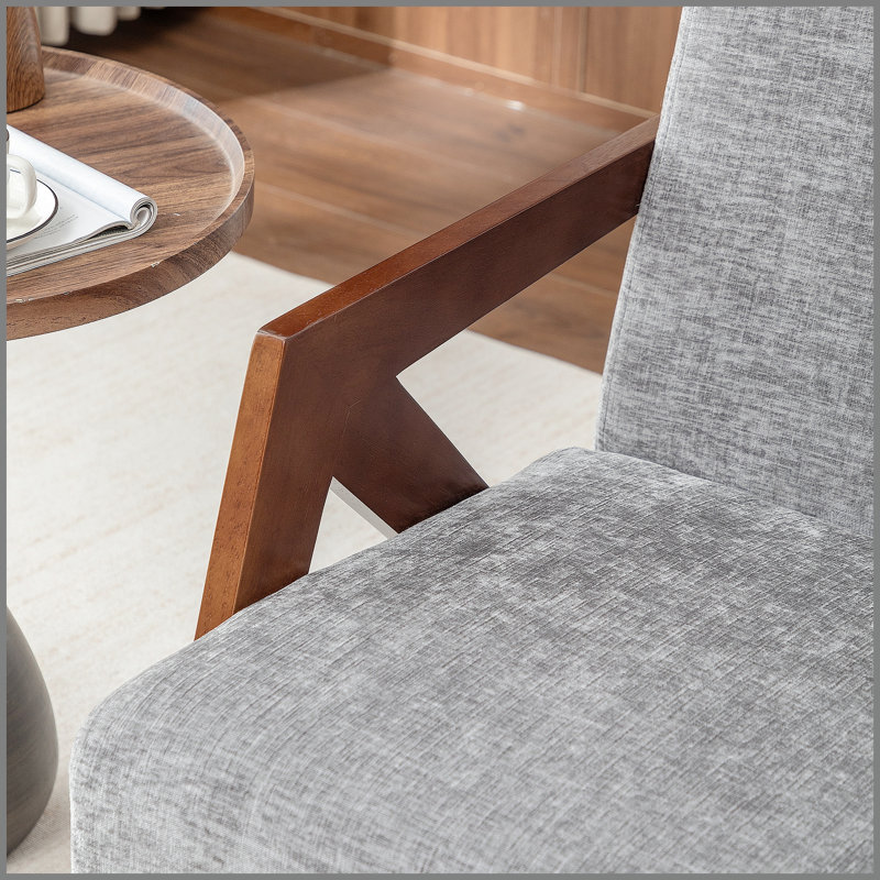 Fauteuil d'appoint Mid-Century moderne avec structure en bois, fauteuil de lecture rembourré avec tissu en lin doux, fauteuil d'appoint pour le salon, la chambre à coucher, facile à assembler