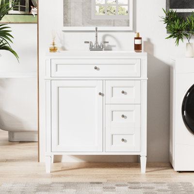 Meuble-lavabo de 30 po avec lavabo, 3 tiroirs, armoire polyvalente et fonctionnelle, style moderne, assemblage simple, bois massif blanc + 2 tiroirs supérieurs, organisateur de porte d'armoire, tablette réglable,