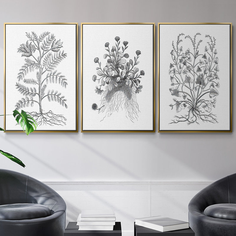Ensemble de 3 pièces encadrées sur toile noir et blanc, Or, H 40 po x l 78 po