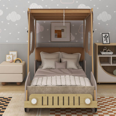 Wood Car Bed with Pillow, Ceiling Cloth