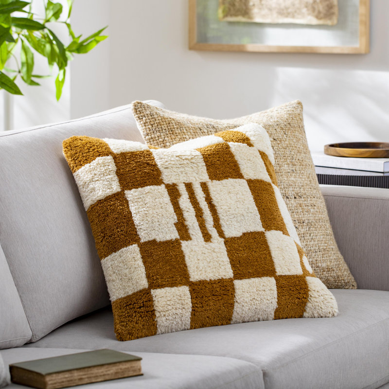 Raven Checkered Wool Blend Throw Pillow, Brown, Down, 20" x 20"