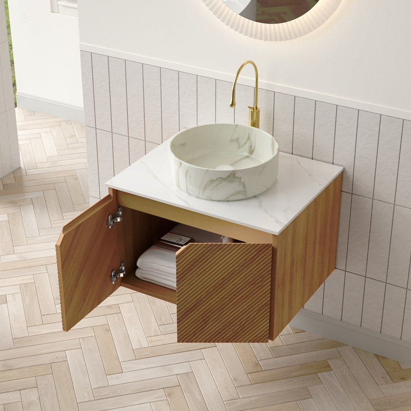 Meuble-lavabo 24 po, meuble de rangement flottant en contreplaqué, portes doubles en sergé avec garniture en métal, lavabo rond en céramique à motif pierre mat et plateau en pierre frittée