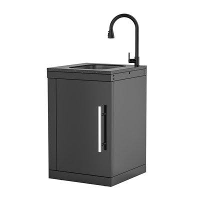 SERA C Outdoor Kitchen Sink Cabinet, Black 304 Stainless Steel Single Door Unit with Pull-Down Faucet & Storage, Modular BBQ Island Component