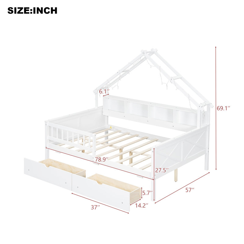 Full Size House Bed with LED, Storage Shelves, Drawers & Guardrail – Pine Wood Kids Bed, White, White