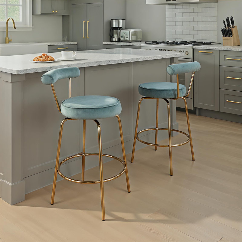 Kayson 25.5" Gold Swivel Upholstered Counter Stools, Sage Green Velvet