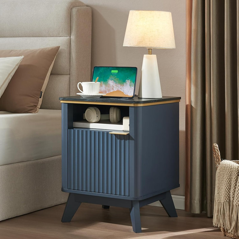 Fluted Nightstand With Charging Station, Navy Blue, Blue/Black