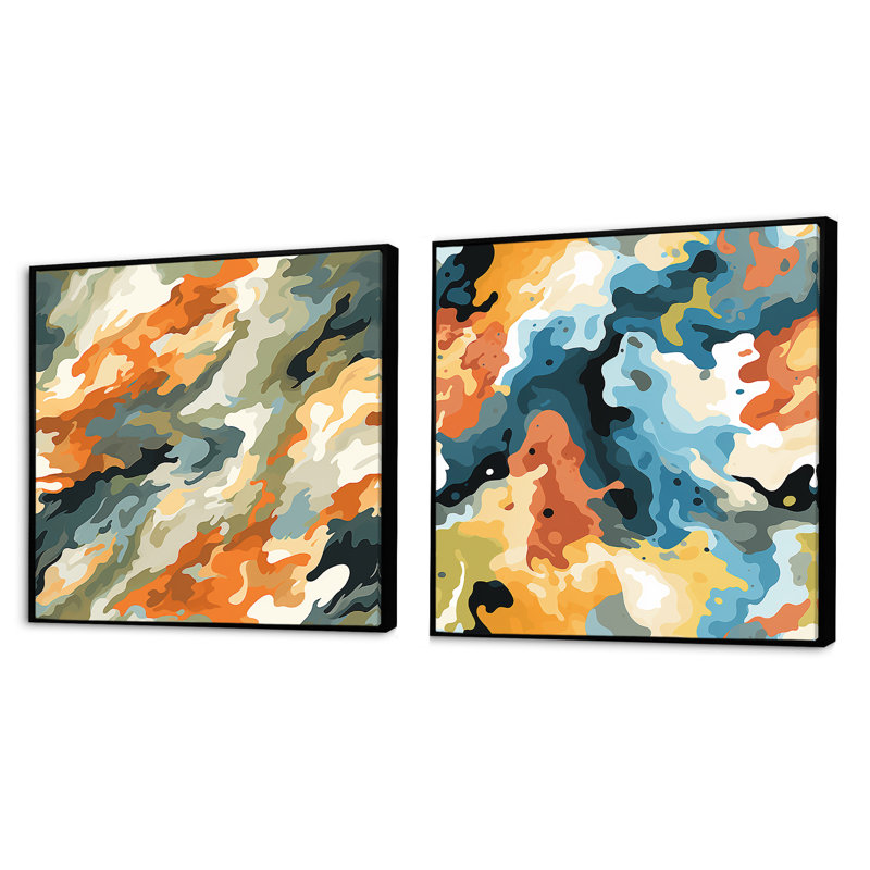 Daelon Expedition - ensemble de 2 collages carrés abstraits, Cadre flottant noir, H 30 po x l 61 po