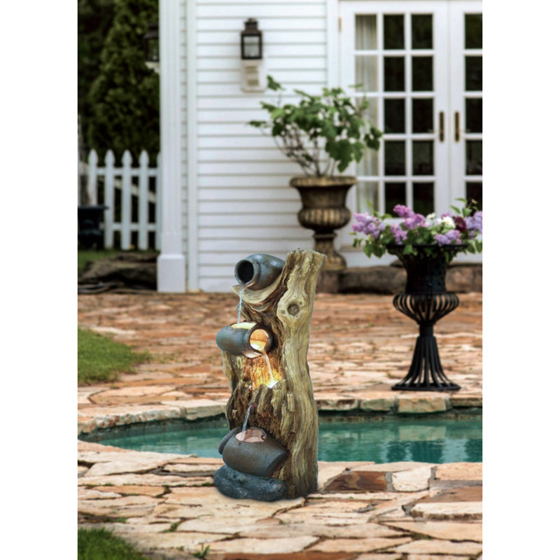 Fontaine décorative à tronc d'arbre à 3 niveaux 12,4 x 11,6 x 37,8 po avec lumières et pompe, brun