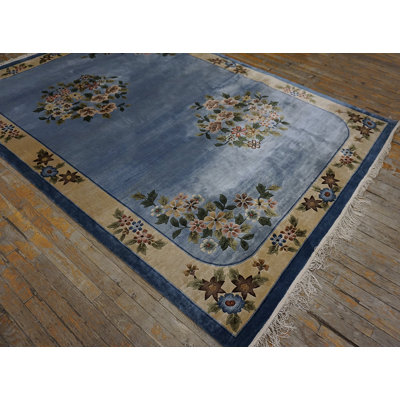 Luxurious Silk Pile Vintage Light Blue Color Chinese Deco Design Rug