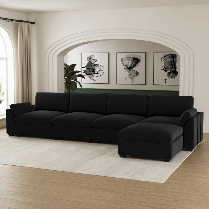 Velvet & Plush Corduroy Fabric Sofa L-Shaped Living Room Couch Large Modular Sectional Sofa With Movable Ottoman