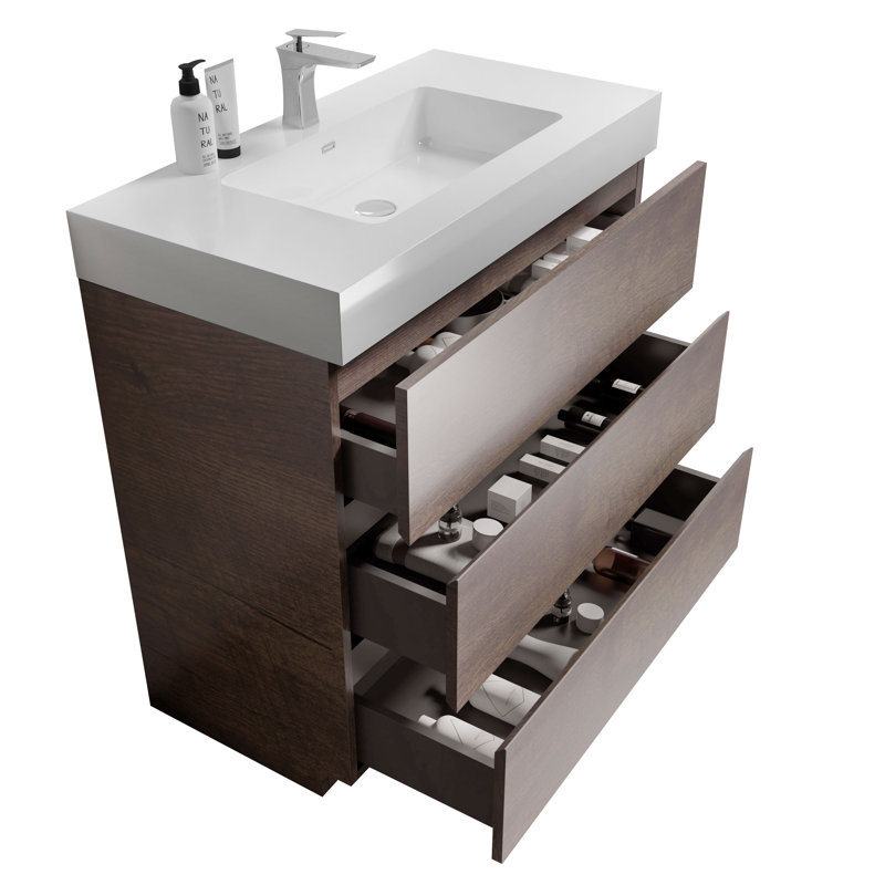Meuble-lavabo sur pied simple Deandrick, Noyer, Blanc lustré, 36"
