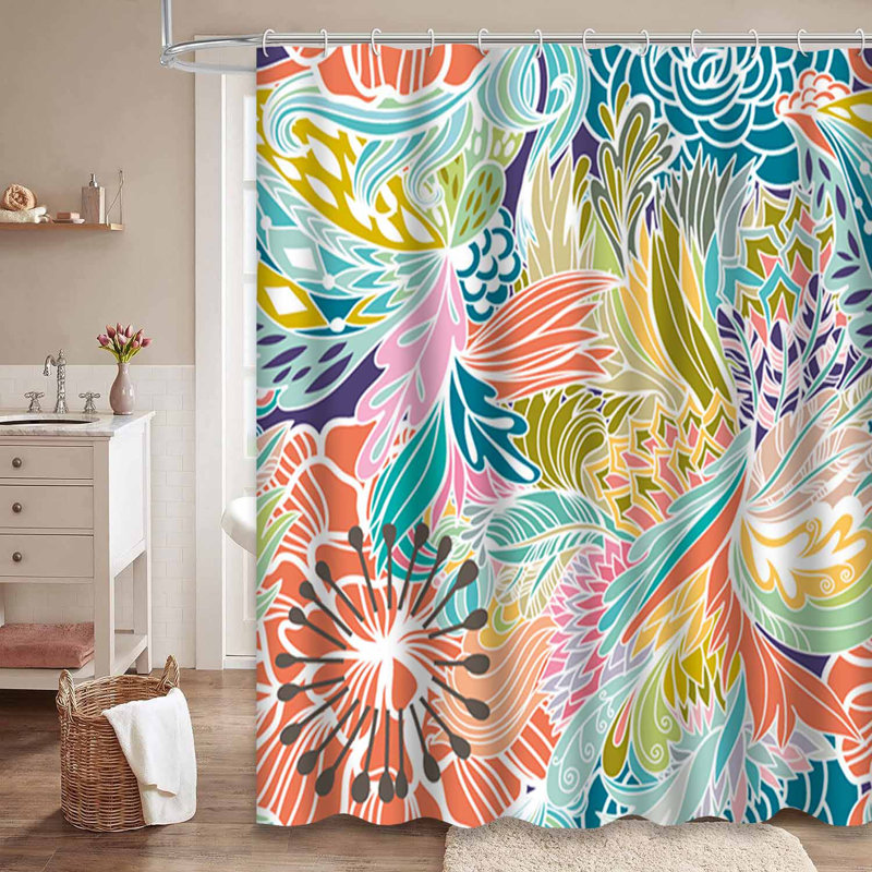Rideau de douche imperméable à motif floral abstrait avec plumes et 12 crochets, L 72 po x l 72 po